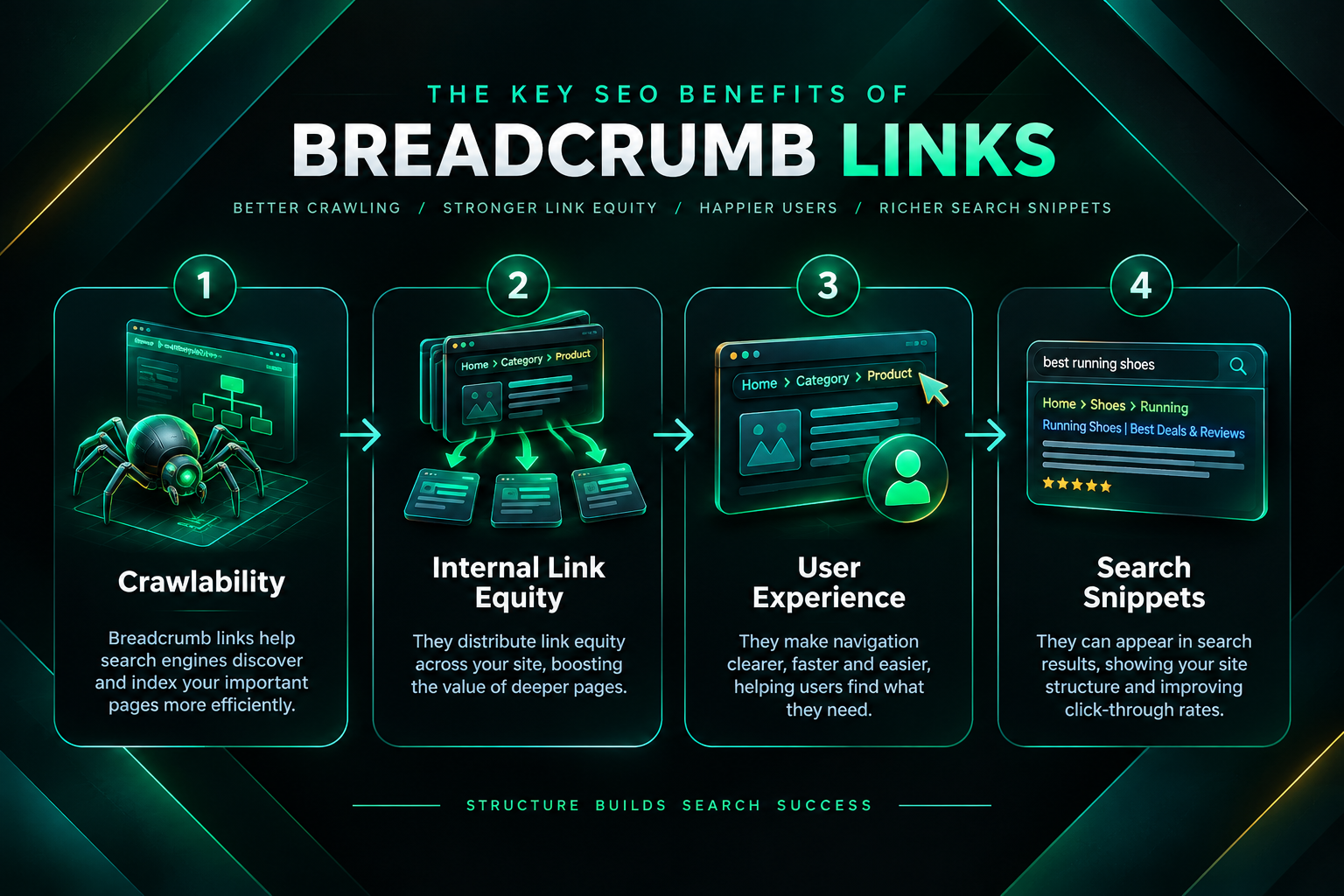 Diagram showing four key SEO benefits of breadcrumb links including crawlability and internal link