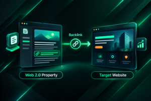 Web 2.0 backlink concept showing a free publishing platform linking to a target website