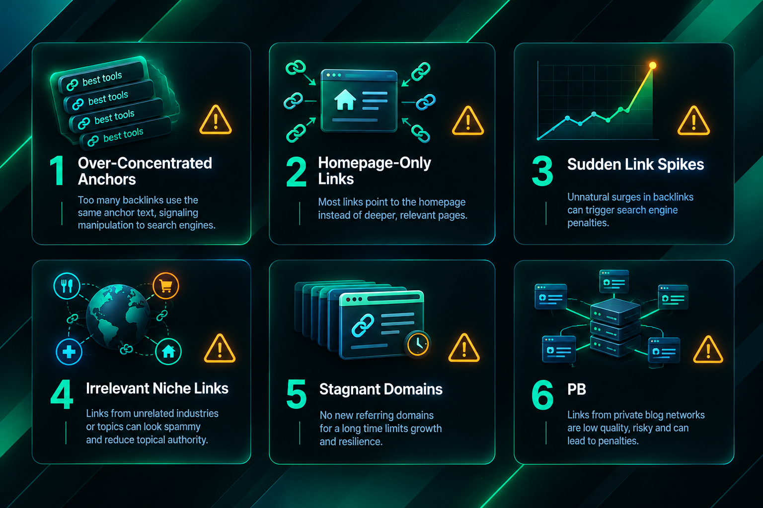 Six fact cards showing common backlink profile problems and warning signs