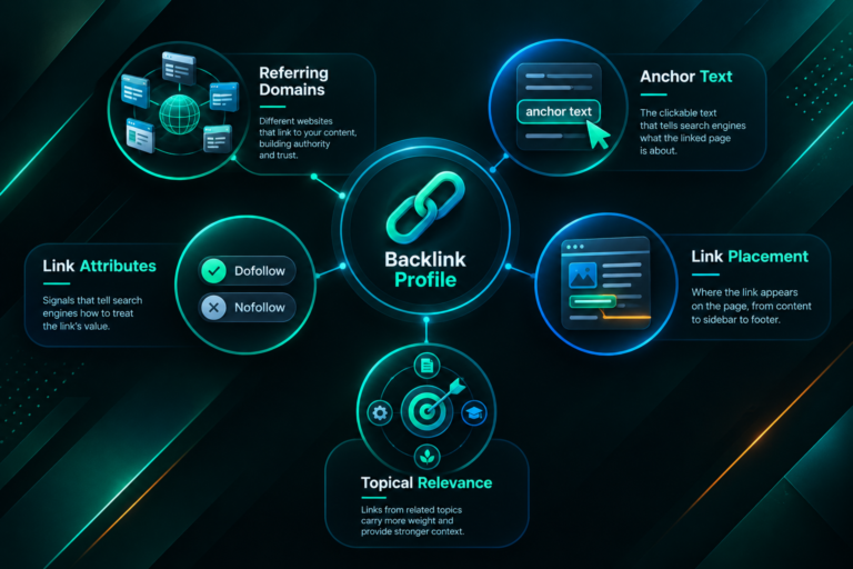 Infographic showing the key components of a backlink profile structure