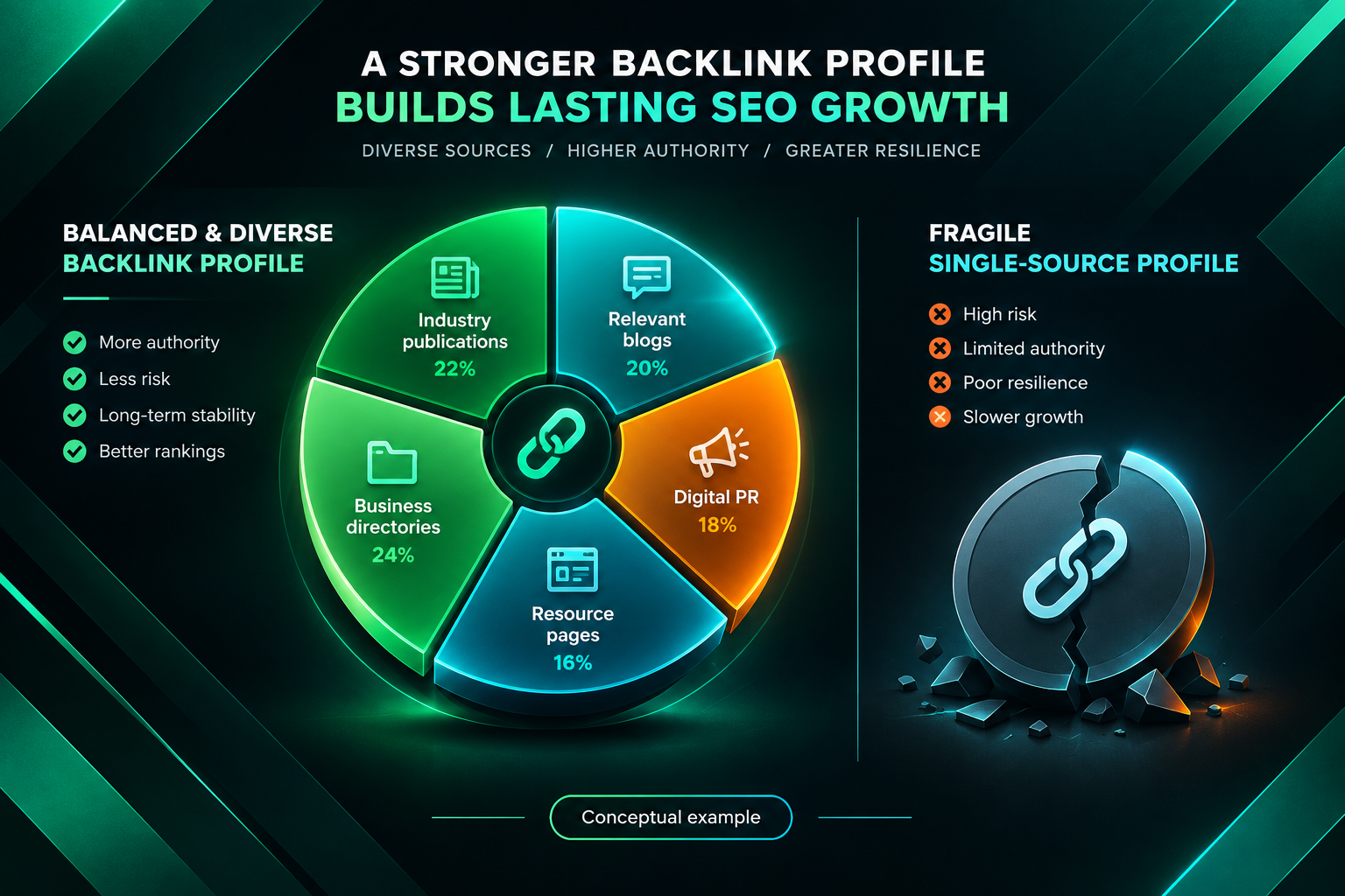 Conceptual example of a diverse resilient backlink profile reducing link spam update risk
