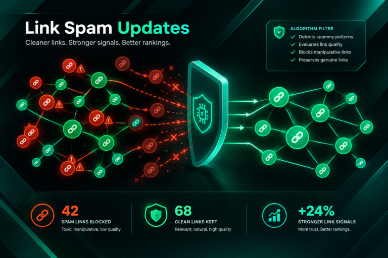 Illustration of Google link spam update filtering manipulative backlinks from a site's link profile