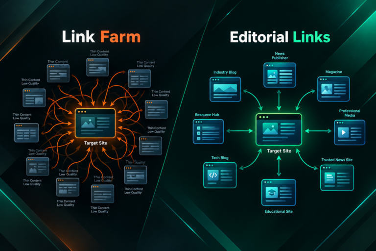 Illustration contrasting a link farm network with legitimate editorial backlinks