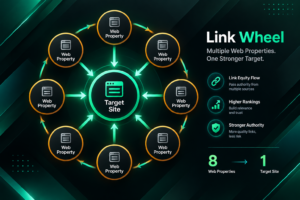 Diagram illustrating a link wheel structure with interconnected web properties pointing to a
