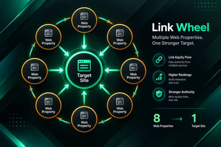 Diagram illustrating a link wheel structure with interconnected web properties pointing to a