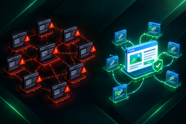 Illustration contrasting a private blog network with legitimate editorial link building