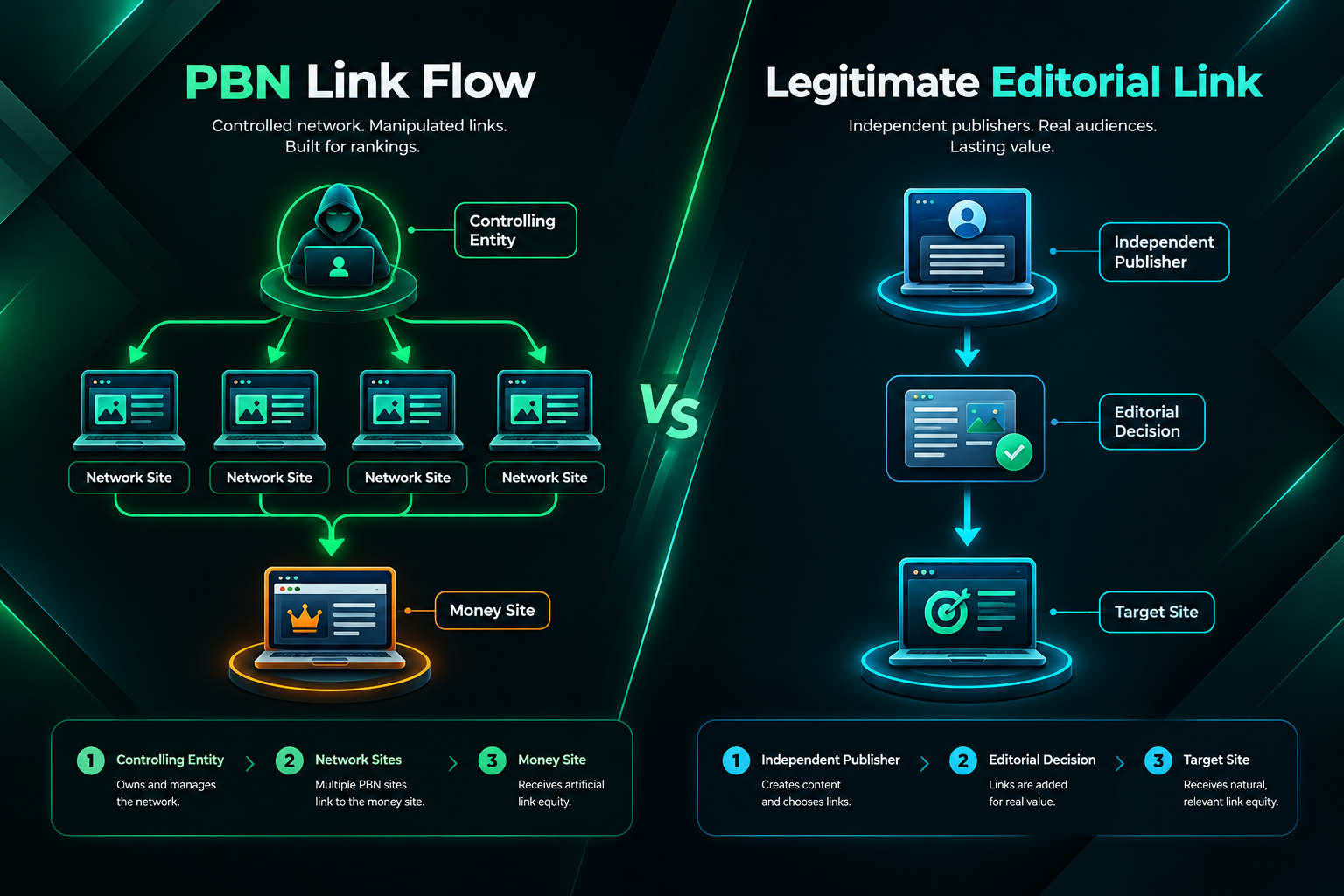 Diagram comparing PBN link flow controlled by one entity versus independent editorial backlinks