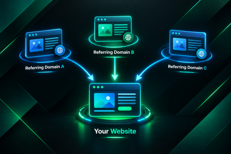 Illustration showing multiple referring domains linking to a single target website in SEO