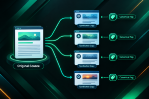 Article syndication diagram showing original content distributed to multiple websites with