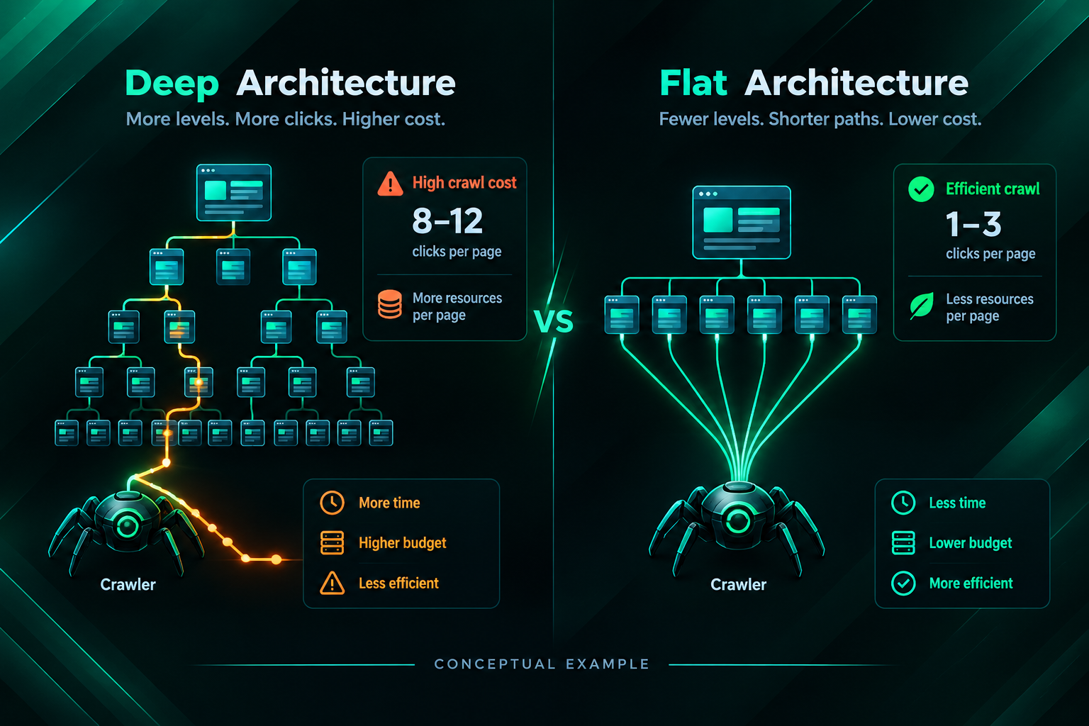 Comparison of inefficient deep site architecture versus flat architecture for crawl budget
