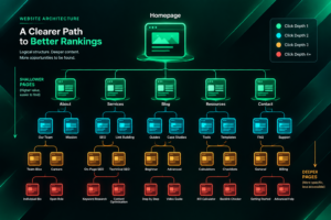 Website architecture diagram showing click depth levels from homepage to deep pages