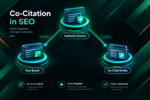 Diagram illustrating co-citation in SEO showing two websites cited together by a third