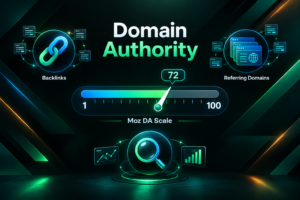 Moz Domain Authority scale illustration showing a score between 1 and 100 with link-related icons