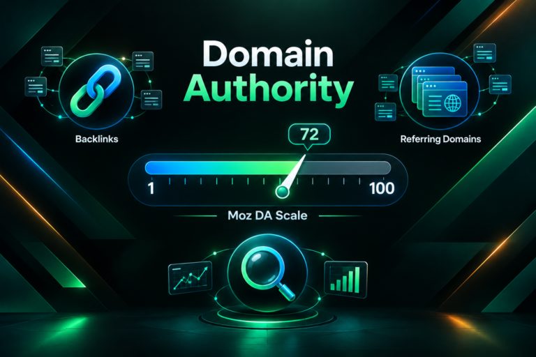 Moz Domain Authority scale illustration showing a score between 1 and 100 with link-related icons