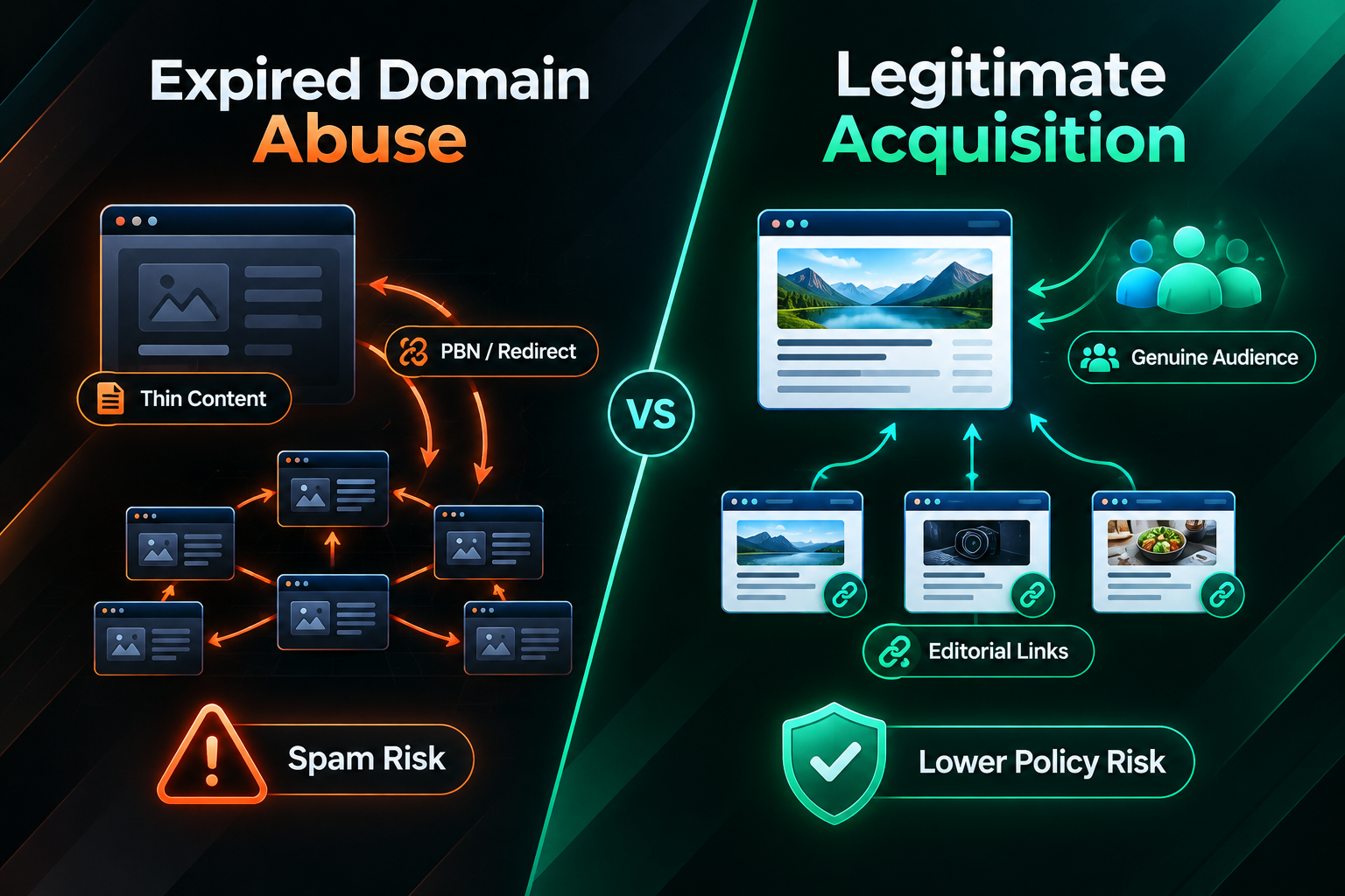 Comparison of expired domain abuse versus legitimate domain acquisition for SEO