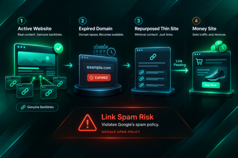 Illustration of expired domain abuse showing a lapsed domain repurposed to pass link signals