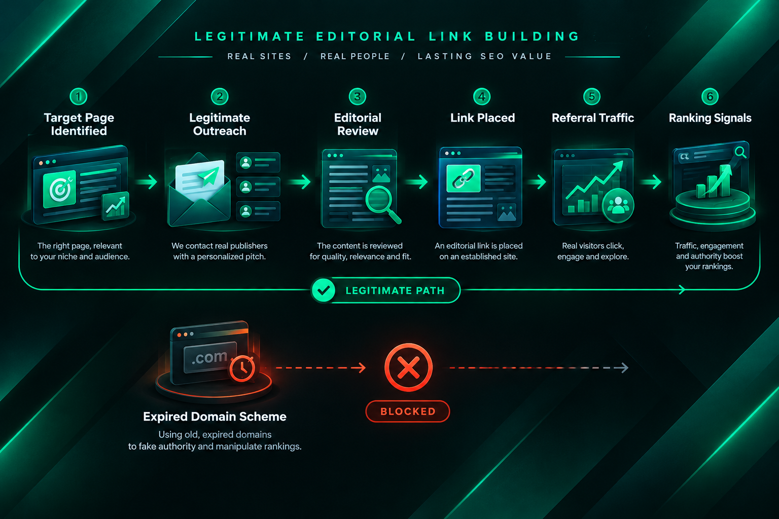 Process diagram showing legitimate editorial link building versus expired domain scheme workflow