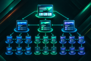 Diagram of a website internal link structure showing connected page nodes and link equity flow