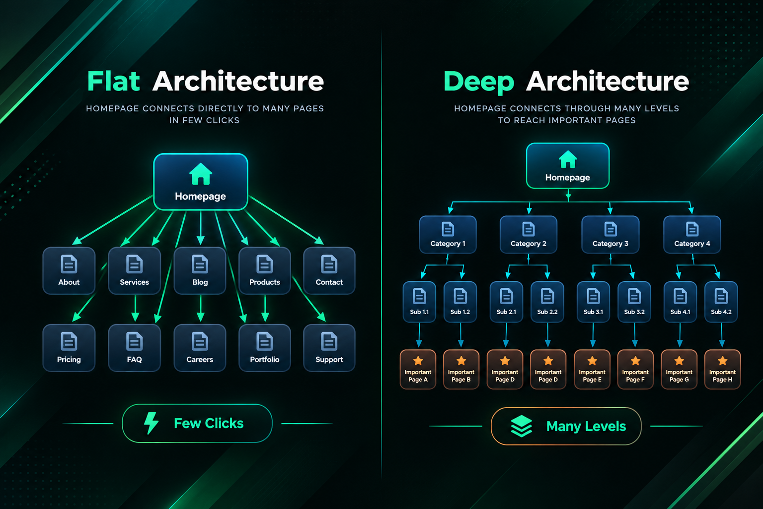 Comparison diagram of flat versus deep website architecture and internal link depth