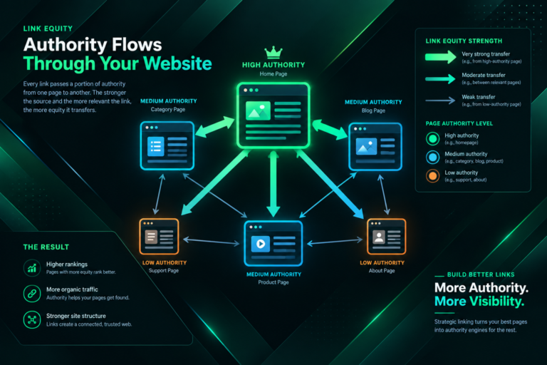 Illustration showing link equity flowing between interconnected web pages through hyperlinks