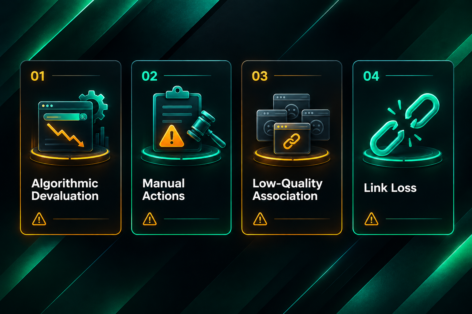 Four fact cards showing key SEO risks of link exchange programmes