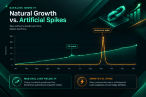 Illustration comparing natural link velocity growth curve versus an unnatural backlink spike over