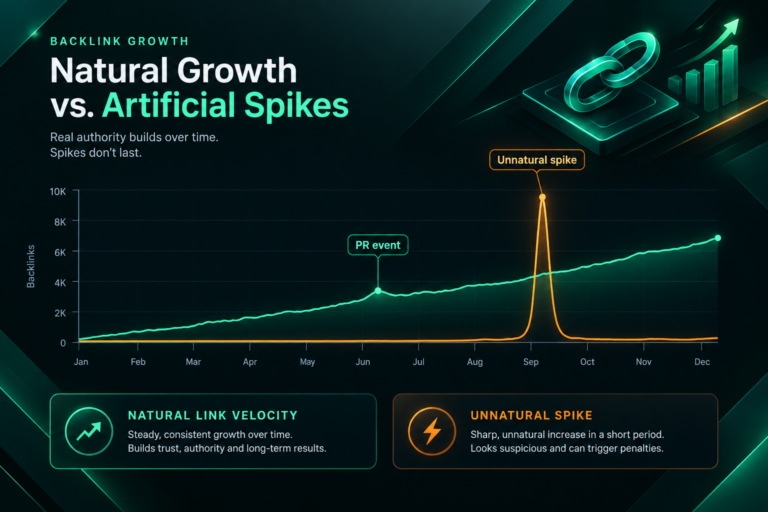 Illustration comparing natural link velocity growth curve versus an unnatural backlink spike over
