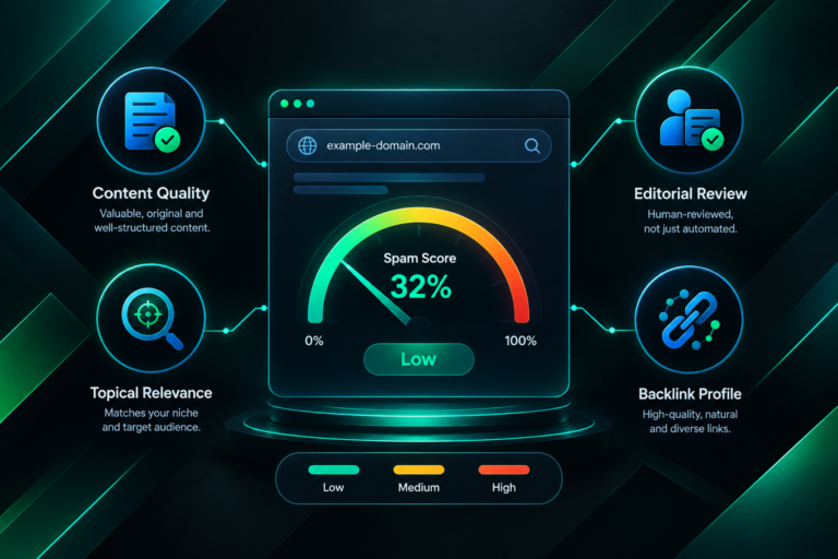 Moz Spam Score gauge illustration showing domain quality evaluation signals for link building
