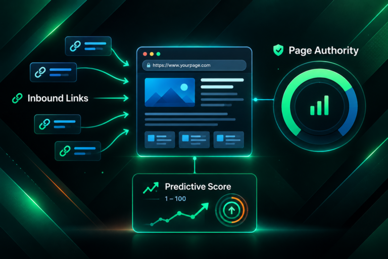 Moz Page Authority score gauge illustration showing inbound links pointing to a webpage