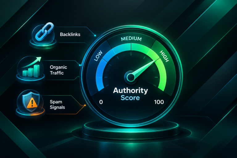 Semrush Authority Score scale illustration showing domain authority levels from 0 to 100
