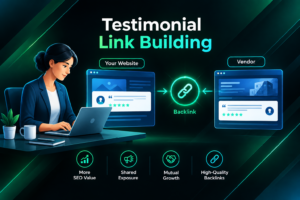 Illustration of testimonial link building showing a business writing a vendor review to earn a