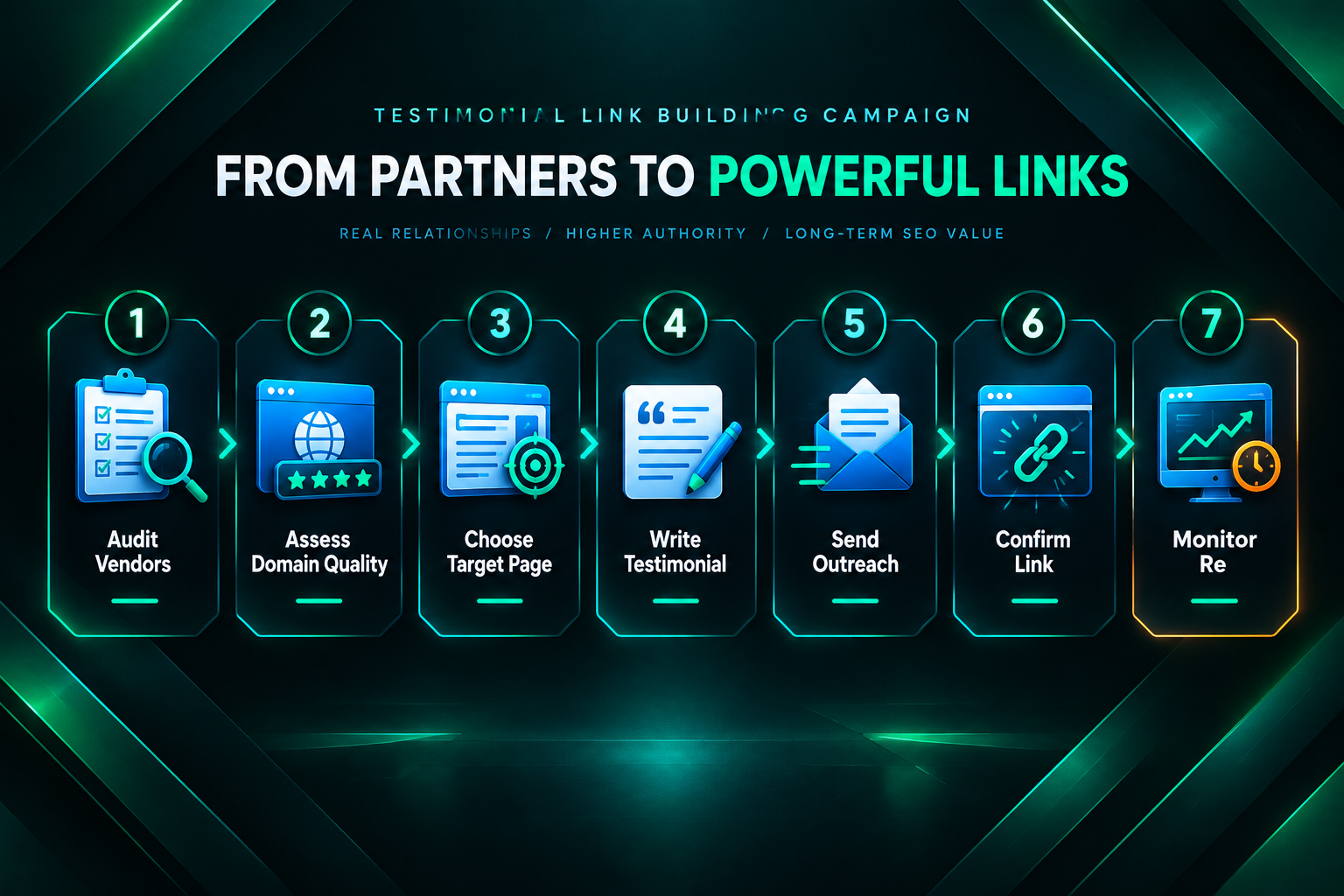 Seven-step process diagram for running a testimonial link building campaign from audit to monitoring