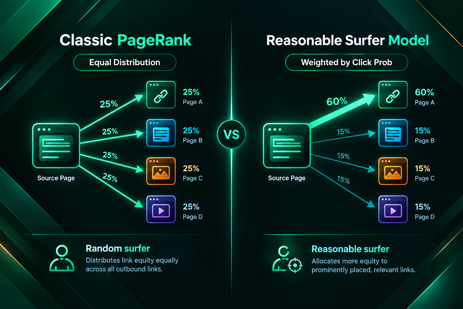 Diagram comparing classic PageRank equal link distribution versus reasonable surfer weighted link