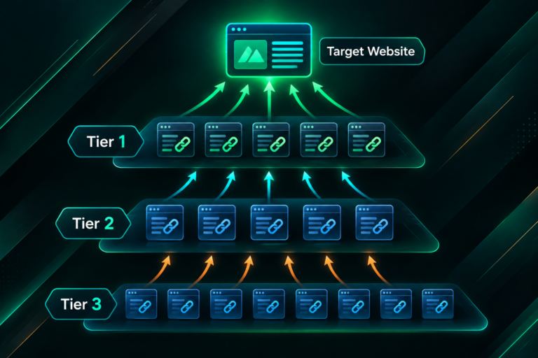Tiered link building structure showing three layers of backlinks flowing toward a target website