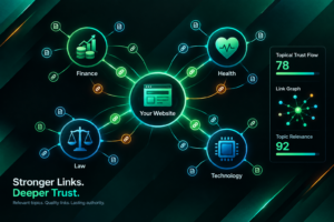Topical Trust Flow concept showing topic nodes connected by backlinks in a link graph