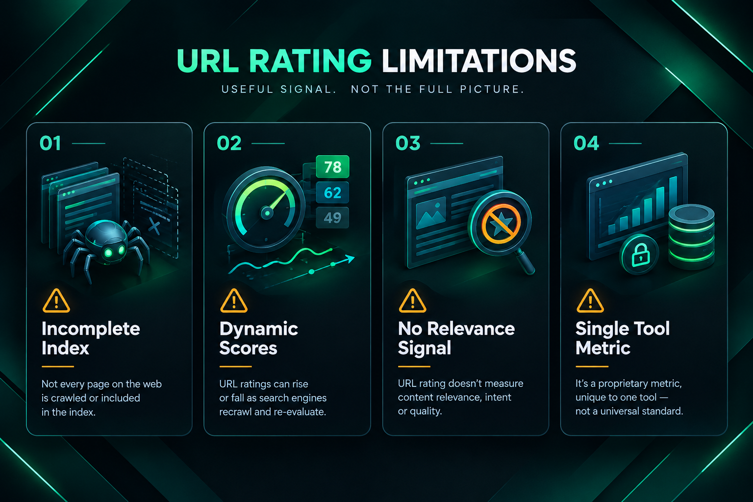 Four fact cards summarising the key limitations of Ahrefs URL Rating as a link quality signal