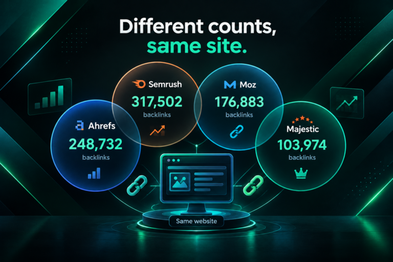 Illustration showing different backlink counts reported by Ahrefs, Semrush, Moz and Majestic for