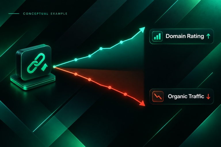 Domain Rating rising while organic traffic declines - conceptual illustration